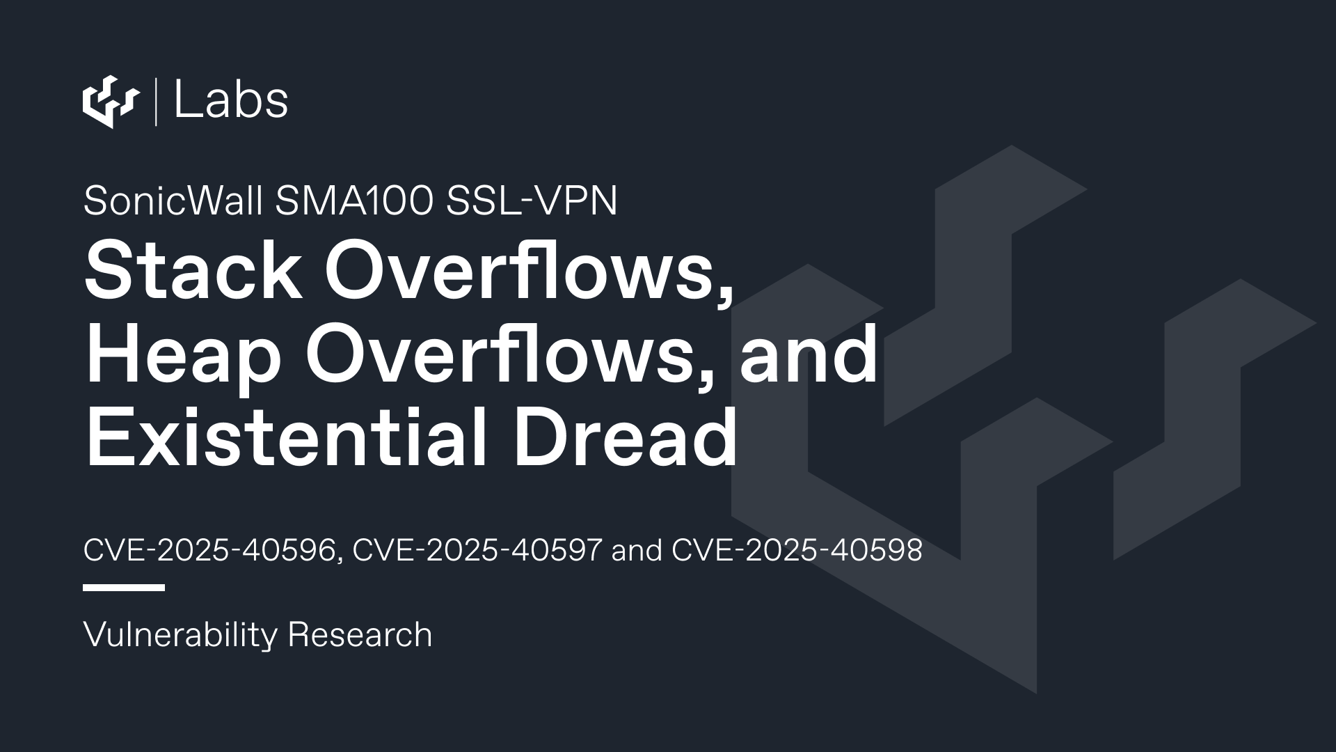 Stack Overflows, Heap Overflows, and Existential Dread (SonicWall SMA100 CVE-2025-40596, CVE-2025-40597 and CVE-2025-40598)